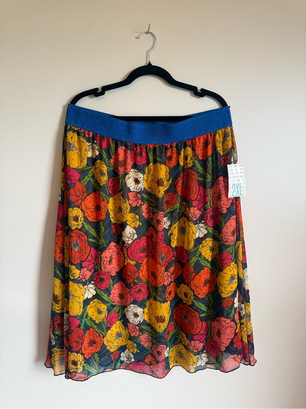 LuLaRoe Floral A-Line Skirt with Blue Waistband - Multicolor Bloom